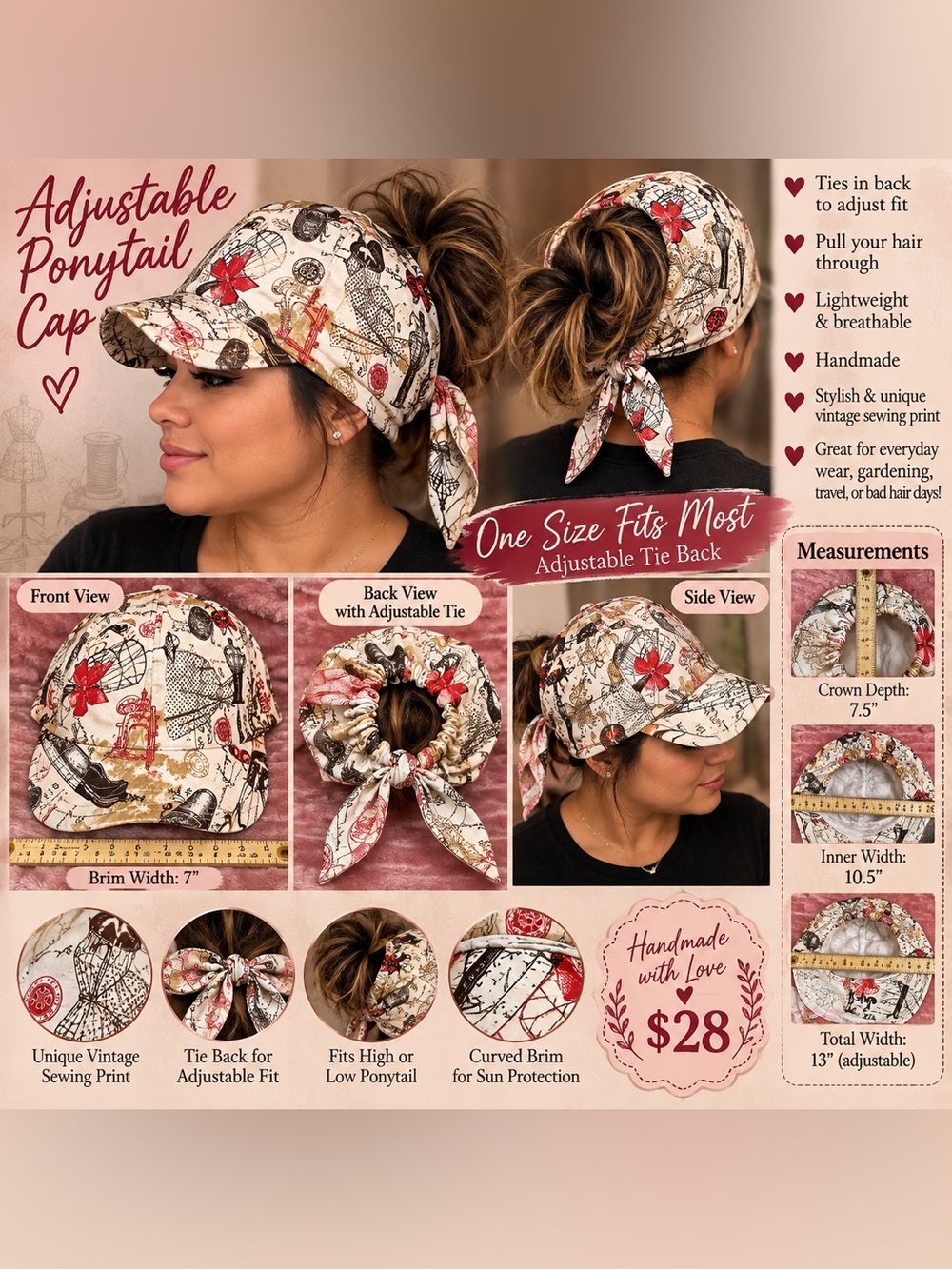 Vintage Sewing Print Cotton Cap in Cream, Red & Brown
